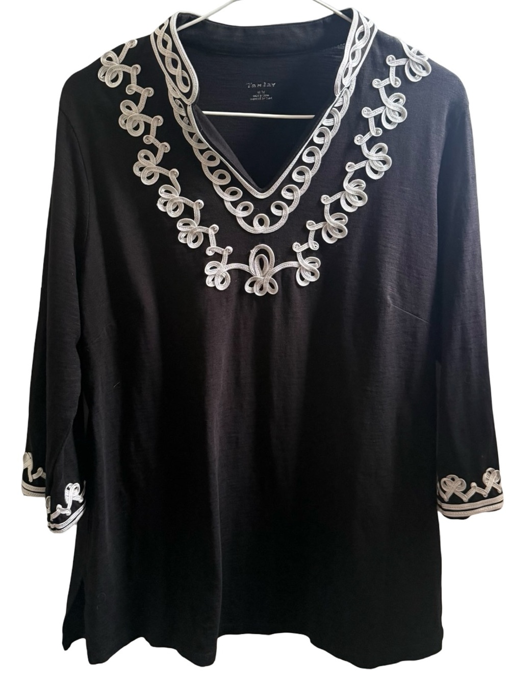 TanJay Black Tunic with White Embroidered V-Neck
